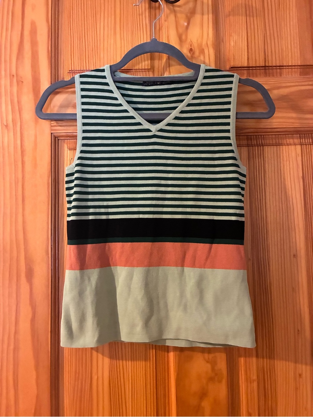 Striped V-Neck Sleeveless Tank in Sage, Black & Coral